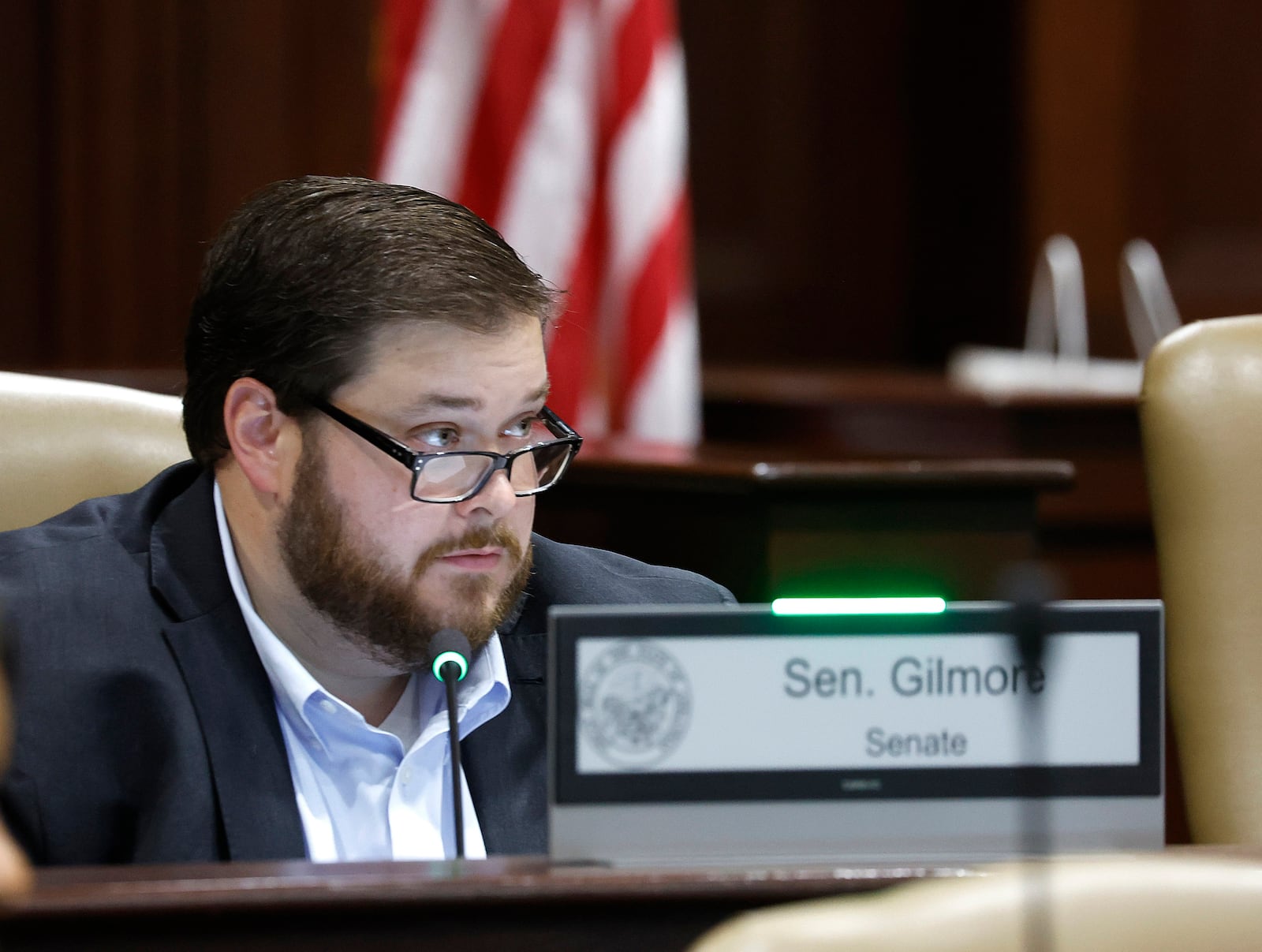 Sen. Ben Gilmore, R-Crossett, asks a question about the escape of inmate Grant Hardin during a meeting of the Charitable, Penal, and Correctional Institutions Subcommittee of the Arkansas Legislative Council on Thursday, July 10, 2025, in Little Rock, Ark. (Thomas Metthe/Arkansas Democrat-Gazette via AP)