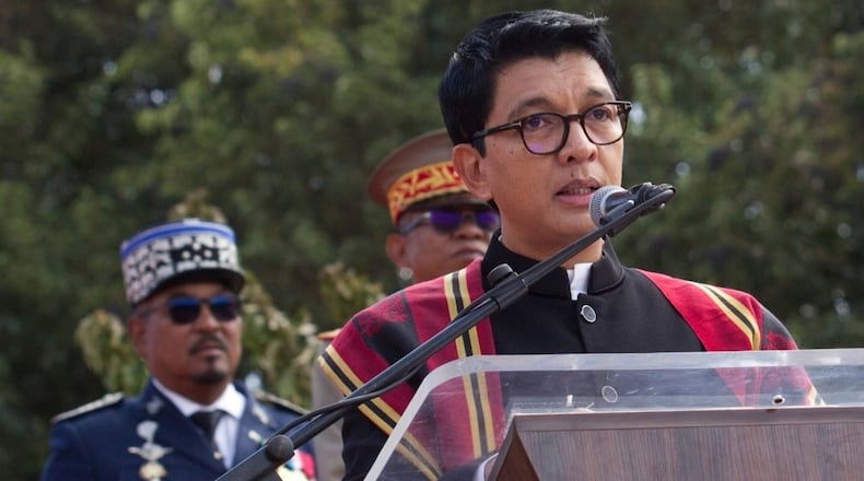 FILE - President Andry Rajoelina addresses a state ceremony, Sept. 2, 2025, in Antananarivo, Madagascar. (AP Photo/Alexander Joe, file)