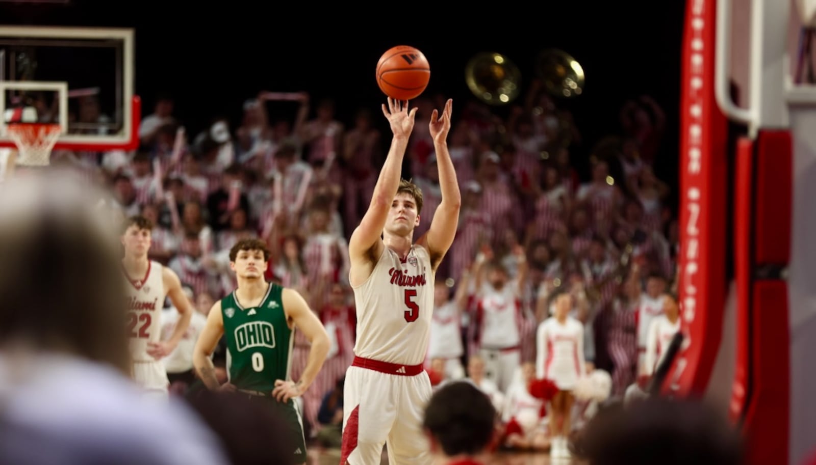 Miami's Peter Suder shoots a free throw against Ohio on Friday, Feb. 13, 2026, at Millett Hall in Oxford. David Jablonski/Staff