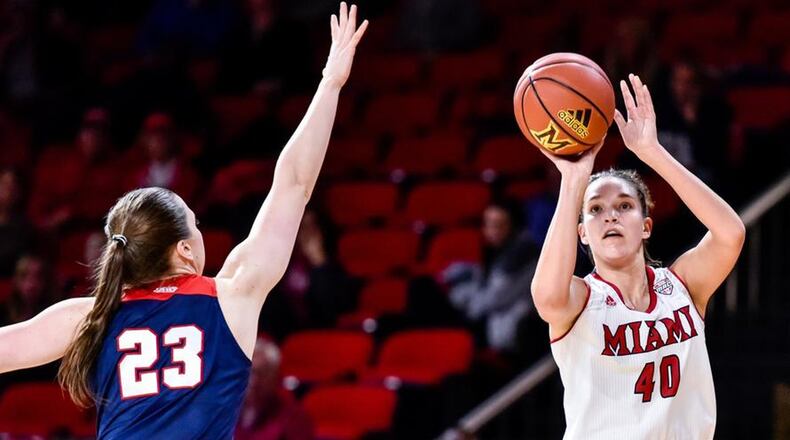 Miami University’s Kendall McCoy (40) is locked in on the basket as Duquesne’s Helmi Tulonen (23) provides the defense in Thursday night’s WNIT game at Millett Hall in Oxford. NICK GRAHAM/STAFF