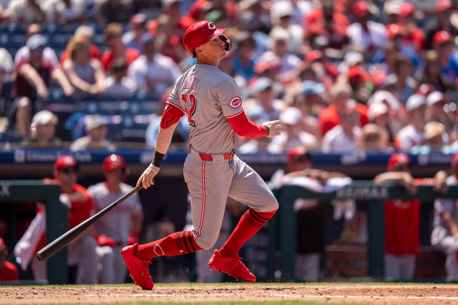Cincinnati Reds' Austin Hays hits a solo home run during the fifth inning of a baseball game against the Philadelphia Phillies, Sunday, July 6, 2025, in Philadelphia. (AP Photo/Chris Szagola)