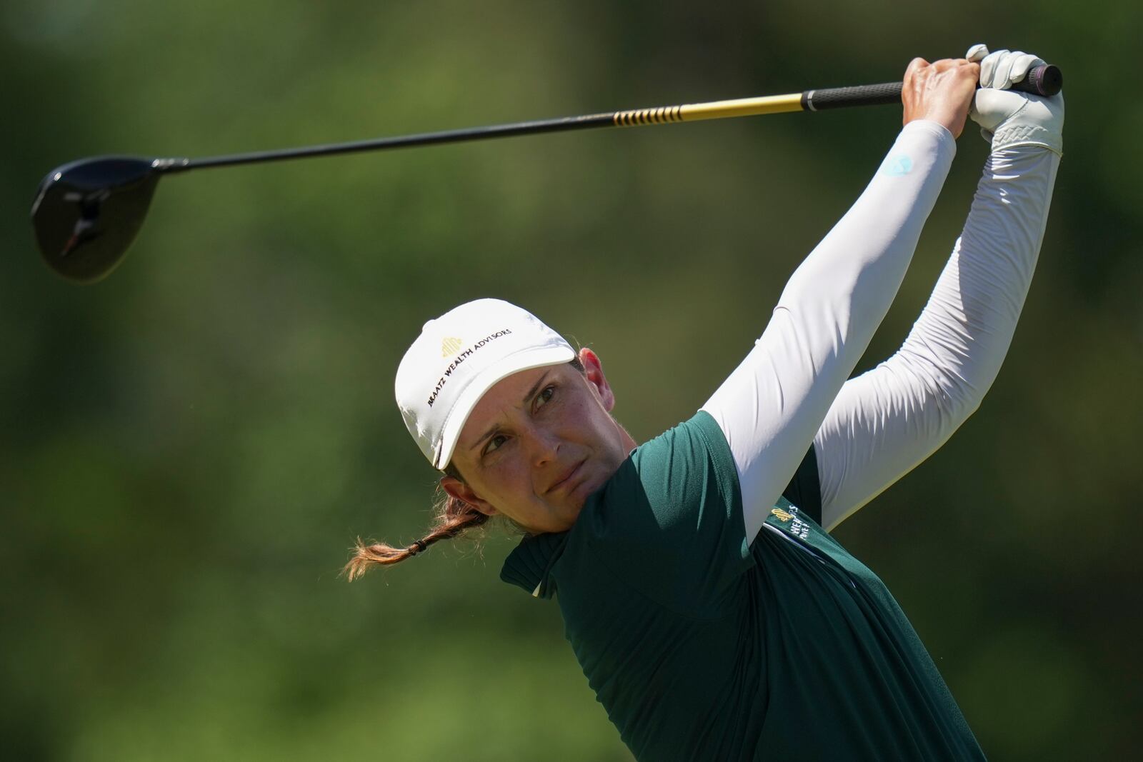 Lindy Duncan hits from the second tee during the third round of the Chevron Championship LPGA golf tournament Saturday, April 26, 2025, in The Woodlands, Texas. (AP Photo/Eric Gay)