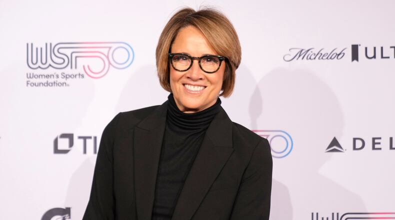 FILE - Mary Carillo poses on the red carpet at the Women's Sports Foundation's Annual Salute to Women in Sports, Oct. 16, 2024, in New York. (AP Photo/Pamela Smith, File)