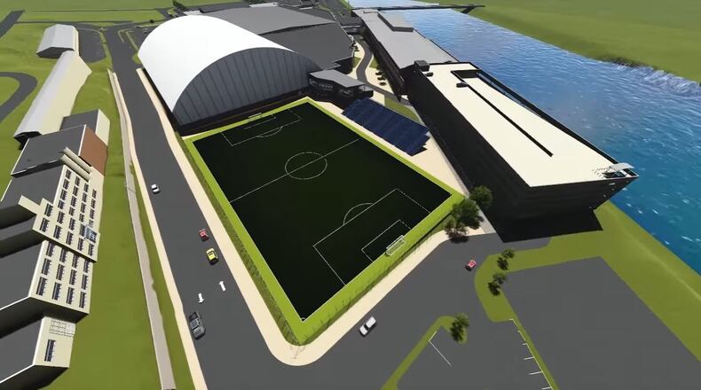 A rendering of what the former paper mill along North B Street in Hamilton will look like once it becomes a mega sports complex known as Spooky Nook Sports at Champion Mill. CONTRIBUTED