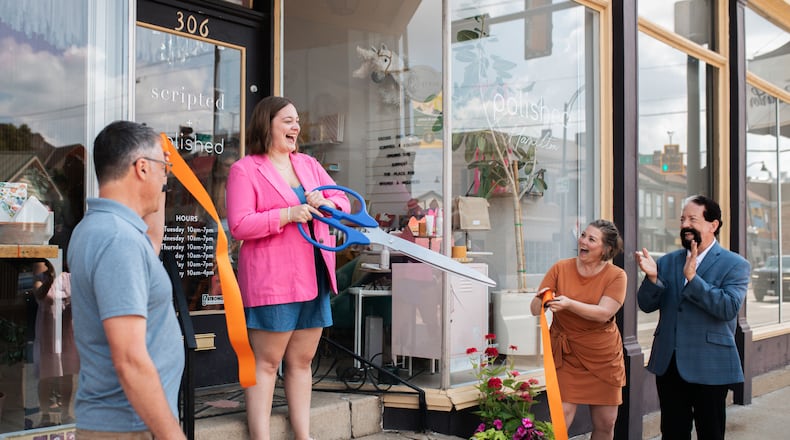 Abby O'Neal (center) owner and nail technician at Polished Hamilton and her mom Carrie O'Neal Brenner, (right) owner of Scripted Studio, celebrate the opening of Polished Hamilton
