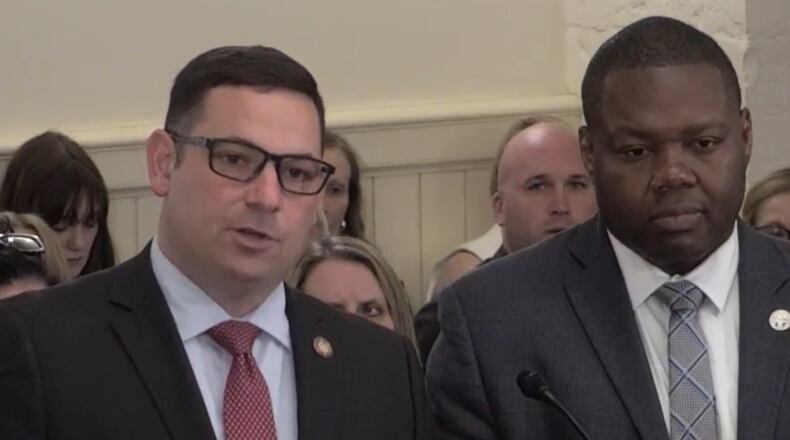 Ohio Rep. Haraz Ghanbari, R-Perrysburg, and Ohio Rep. Elgin Rogers Jr., D-Toledo answer questions from Ohio House Health Provider Services Committee members about HB 285, which would require hospitals to establish registered nurse staffing plans. COURTESY OF THE OHIO CHANNEL