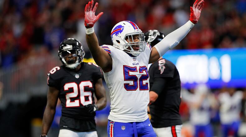 ATLANTA, GA - OCTOBER 01: Preston Brown #52 of the Buffalo Bills celebrates stopping the Atlanta Falcons on fourth and one during the second half at Mercedes-Benz Stadium on October 1, 2017 in Atlanta, Georgia. (Photo by Kevin C. Cox/Getty Images)