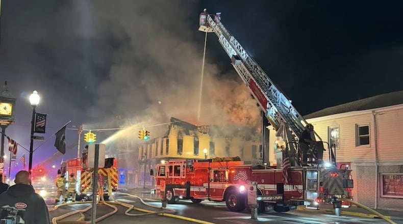 This photo shared on Facebook by Rep. Rodney Creech shows a large fire Saturday night at a historical building in downtown West Alexandria, Preble County. CREDIT: RODNEY CREECH/FACEBOOK