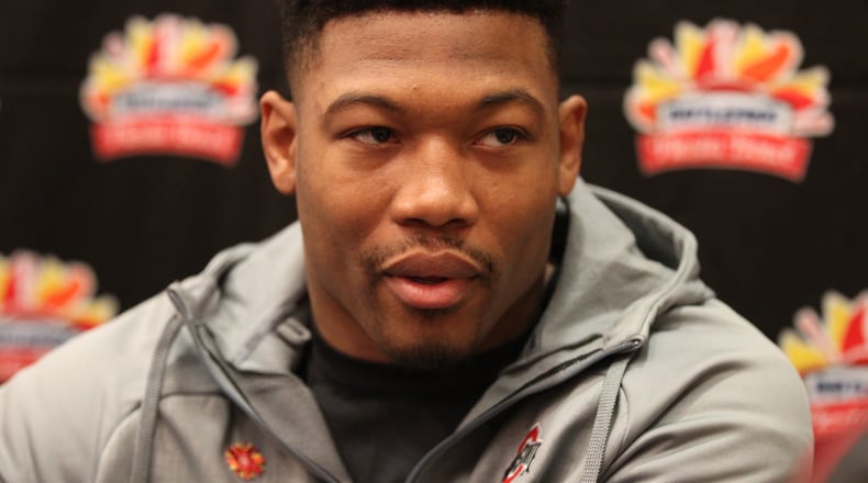 Ohio State linebacker Joshua Perry speaks at a Fiesta Bowl press conference on Monday, Dec. 28, 2015, at the Camelback Inn in Scottsdale, Ariz. David Jablonski/Staff
