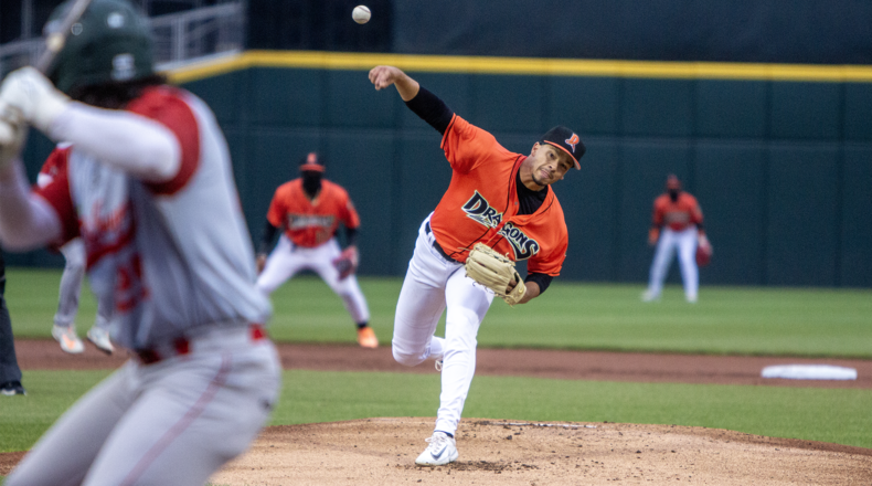 Dragons starter Chase Burns fires a pitch during the first inning Friday night at Day Air Ballpark. Burns allowed a run in the first inning and struck out seven in 3 2/3 innings. Jeff Gilbert/CONTRIBUTED