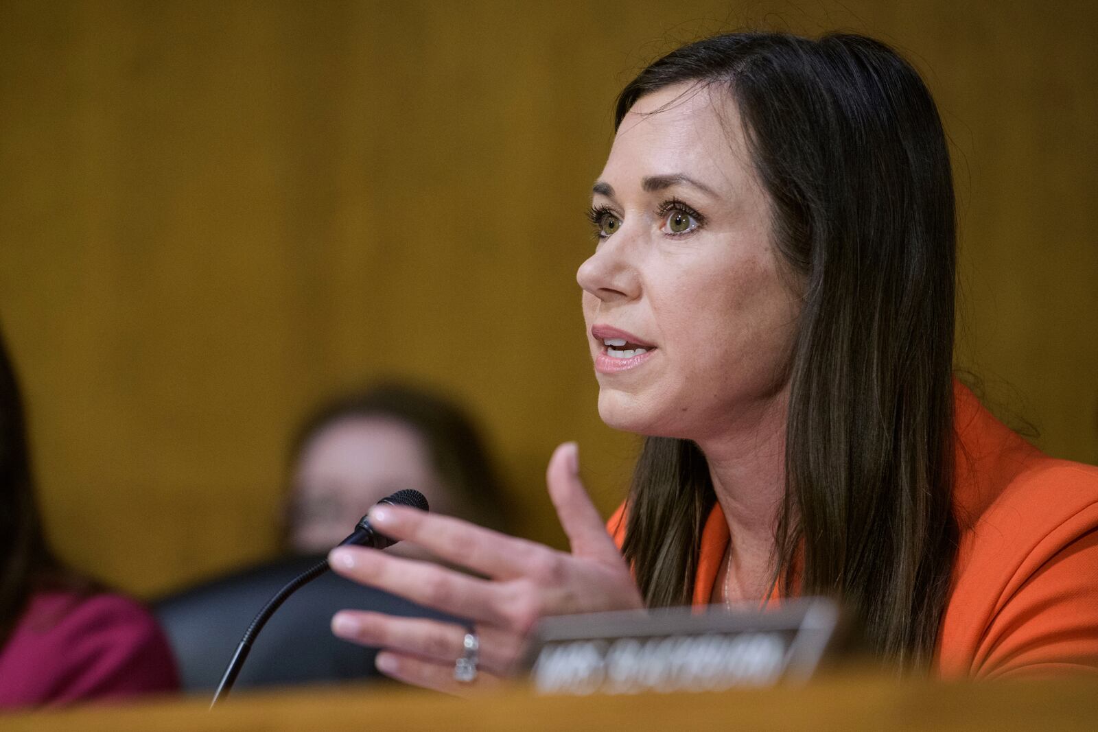 Sen. Katie Britt, R-Ala., questions the witnesses during a Senate Committee on the Judiciary hearing oon Capitol Hill, Wednesday, June 18, 2025, in Washington. (AP Photo/Rod Lamkey, Jr.)