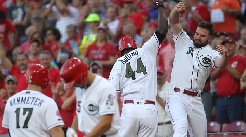 The Reds’ Aristides Aquino and Jesse Winker celebrate Aquino’s two-run home run in the second inning against the Cubs on Friday, Aug. 9, 2019, at Great American Ball Park in Cincinnati. David Jablonski/Staff