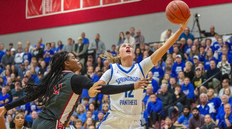 Springboro senior Bryn Martin shoots a layup during the Panthers' comeback in their state semifinal loss to Cincinnati Princeton on Sunday at Fairfield High School. Jeff Gilbert/CONTRIBUTED