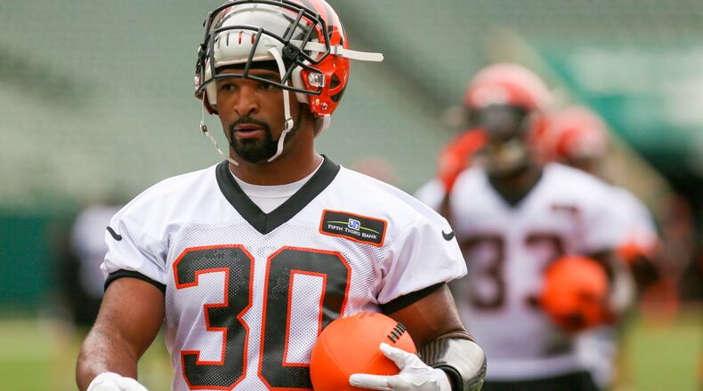 Bengals running back Cedric Peerman (30) participates in a team practice at Paul Brown Stadium, Tuesday, June 13, 2017. GREG LYNCH / STAFF