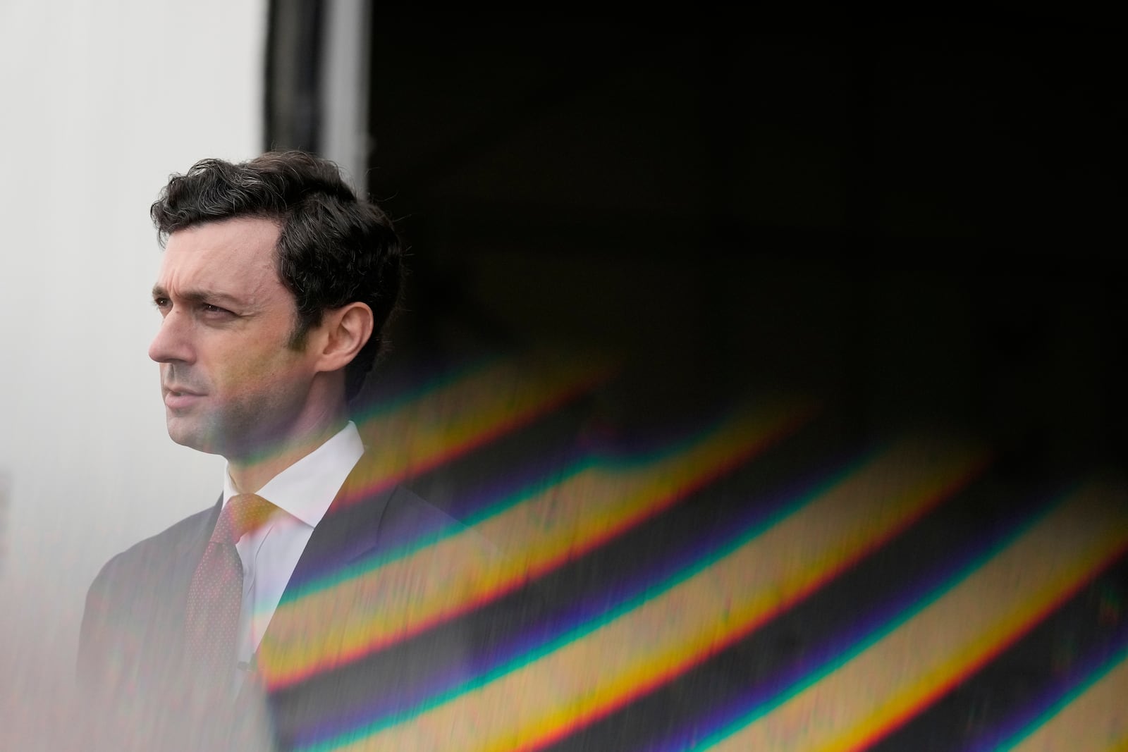 Sen. Jon Ossoff, D-Ga., speaks during an interview at Dobbins Air Reserve Base, Saturday, April 26, 2025, in Marietta, Ga. (AP Photo/Brynn Anderson)