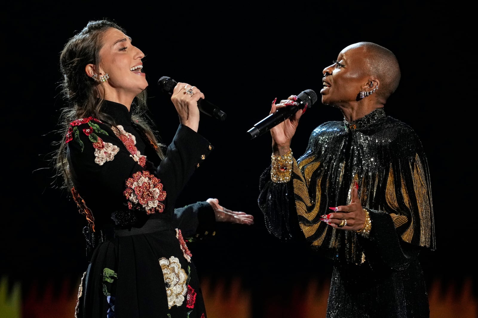 Sarah Bareilles, left, and Host Cynthia Erivo perform "Tomorrow" during the In Memoriam segment during the 78th Tony Awards on Sunday, June 8, 2025, at Radio City Music Hall in New York. (Photo by Charles Sykes/Invision/AP)