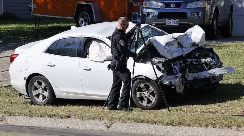 A white sedan was involved in a crash with a motorcycle on Roosevelt Boulevard in Middletown around 3 p.m. Saturday, Oct. 8, 2022. NICK GRAHAM/STAFF