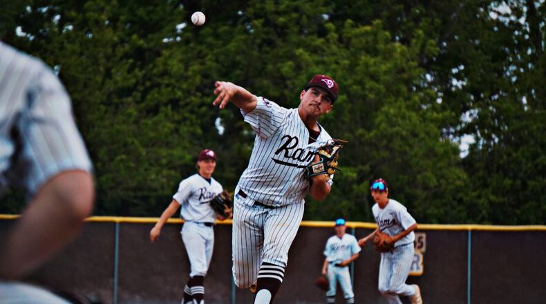 Ross senior Nolan Ertel sends a practice pitch to the plate during his game against visiting Monroe on Monday. CHRIS VOGT / CONTRIBUTED