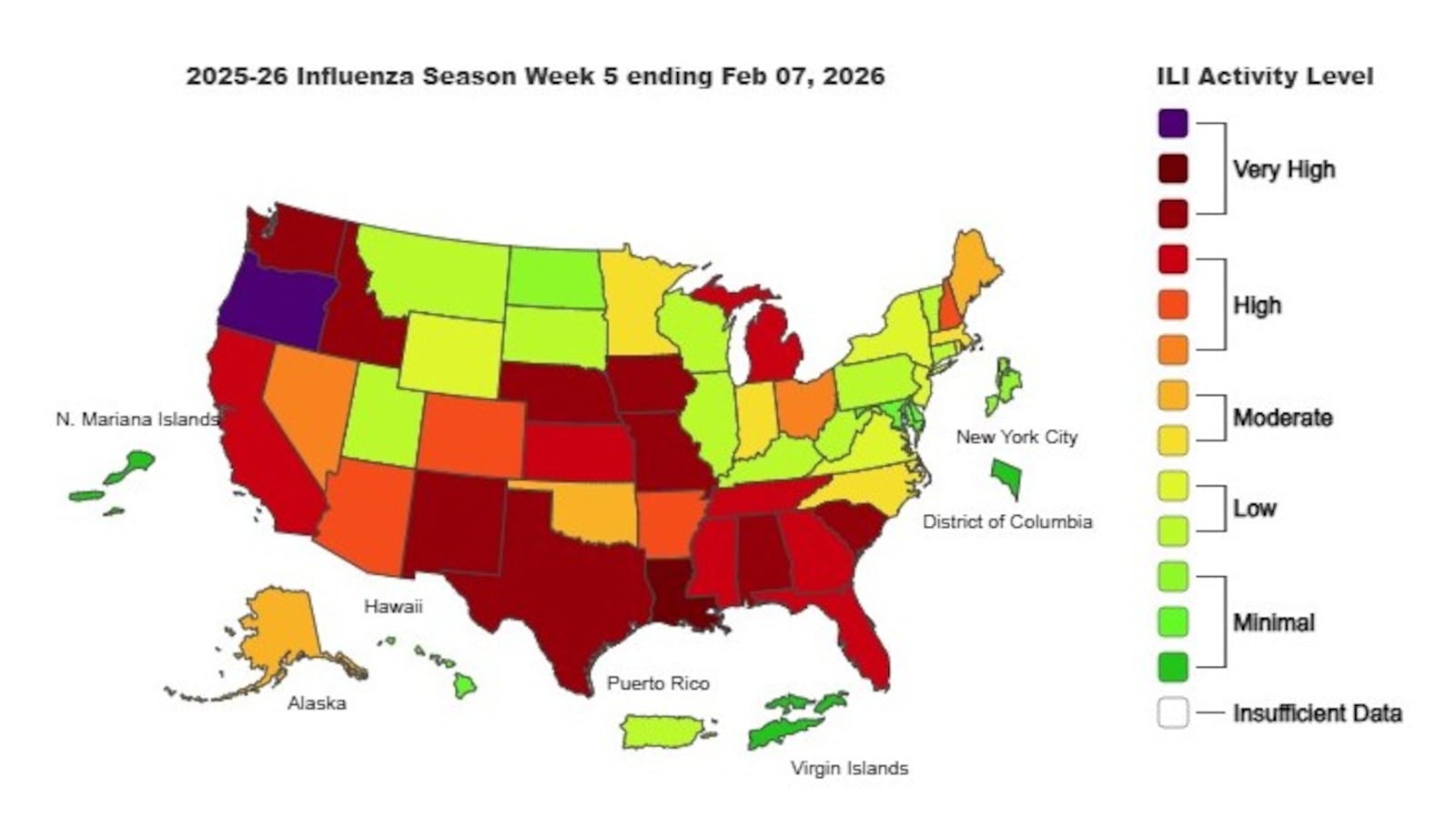 This is the weekly Outpatient Respiratory Illness Activity map from the CDC, for the week ending Feb. 7, 2026.