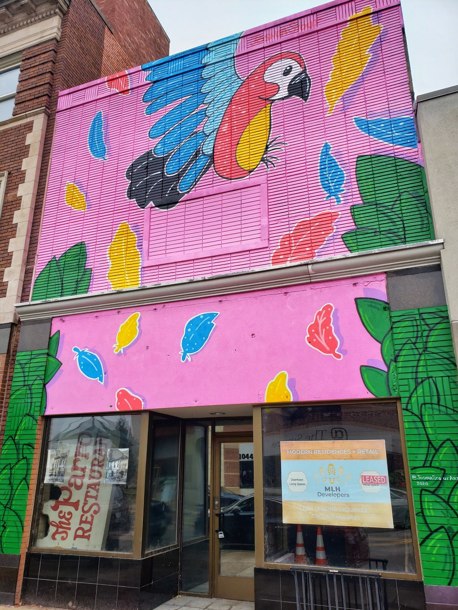 Muralist Joshua Stout recently completed a large, colorful parrot mural on the front of the building at 1044 Central Ave. Kevin Kimener, owner of MLH Developers, bought the building two years ago and plans to renovate the second floor into two, two-bedroom apartments and convert the first floor into retail space. NICK GRAHAM/STAFF