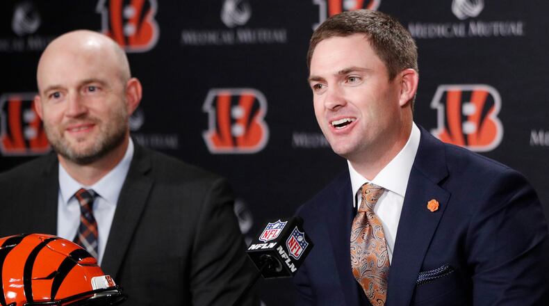 CINCINNATI, OH - FEBRUARY 05: Zac Taylor speaks to the media as Cincinnati Bengals director of player personnel Duke Tobin looks on after being introduced as the new head coach for the Bengals at Paul Brown Stadium on February 5, 2019 in Cincinnati, Ohio. (Photo by Joe Robbins/Getty Images)