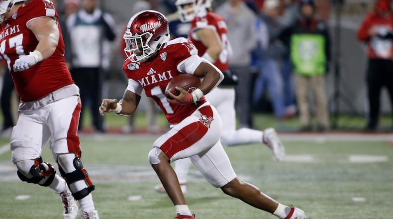 OXFORD, OHIO - NOVEMBER 20: Jaylon Bester #1 of the Miami of Ohio Redhawks runs the ball during the fourth quarter against the Akron Zips at Yager Stadium on November 20, 2019 in Oxford, Ohio. (Photo by Justin Casterline/Getty Images)