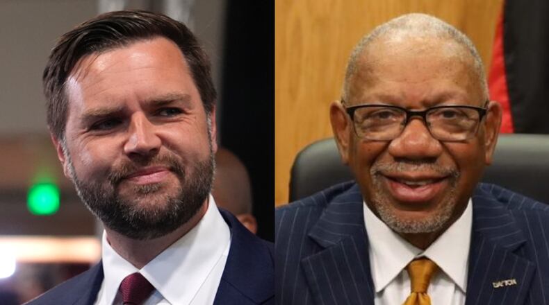 U.S. Senator from Ohio and Republican vice presidential candidate JD Vance (left) and Dayton Mayor Jeff Mims (right).