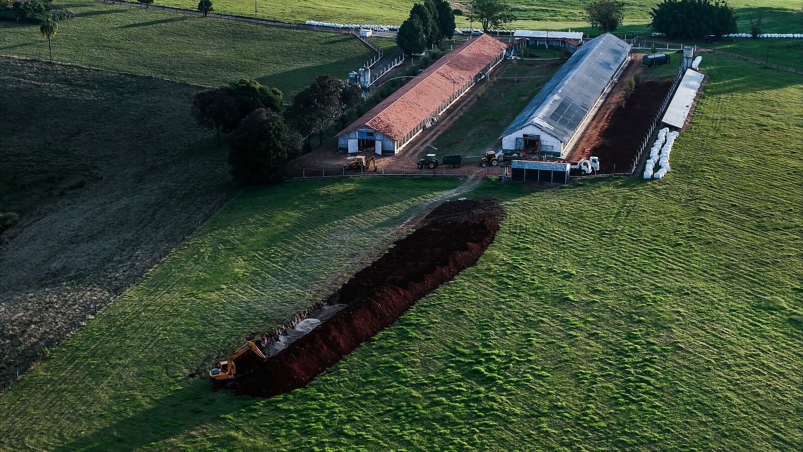 An aerial view of an an excavator digging a trench to bury infected poultry on a commercial farm where a bird flu outbreak was detected, in the municipality of Montenegro, Rio Grande do Sul state, Brazil, Saturday, May 17, 2025. (AP Photo/Wesley Santos)