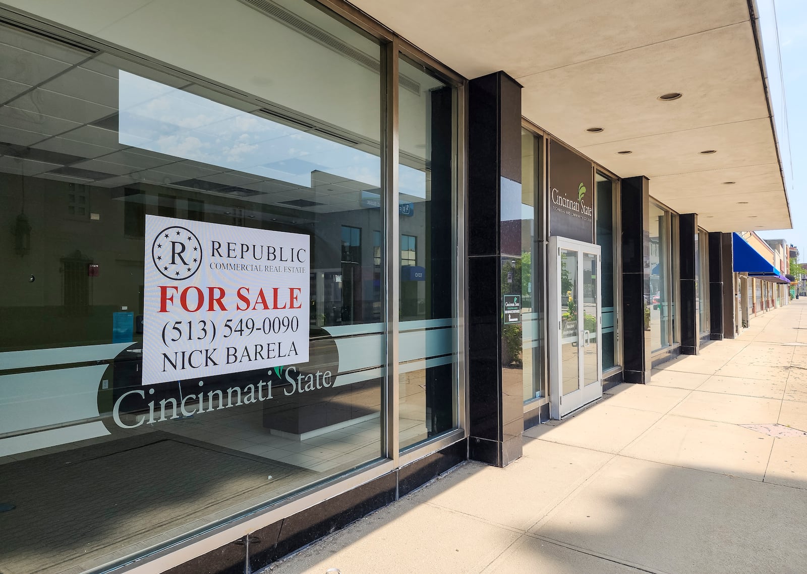 Cincinnati State remained in the building at 1 N. Main St. until mid 2023, when classes moved to Miami University Regionals campus in Middletown. In August 2023, a for sale sign went up in the window of the building. NICK GRAHAM/STAFF