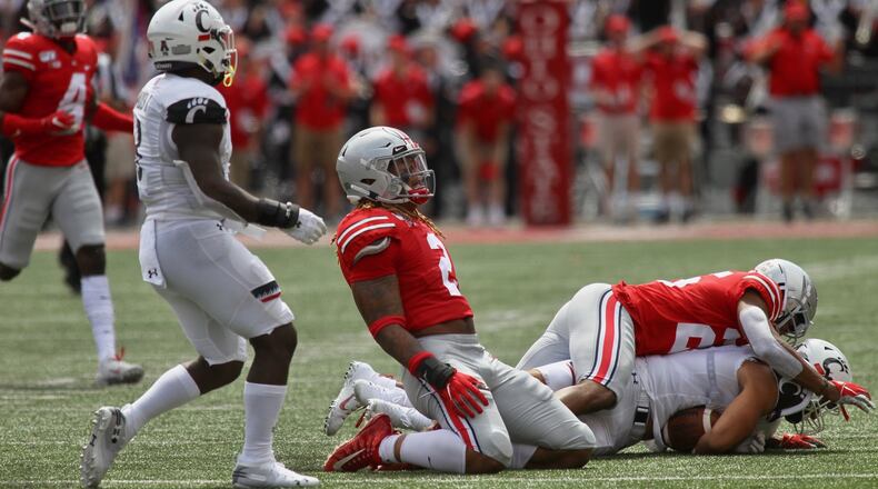 Ohio State’s Chase Young reacts after almost making an interception against Cincinnati on Saturday, Sept. 7, 2019, at Ohio Stadium in Columbus. David Jablonski/Staff