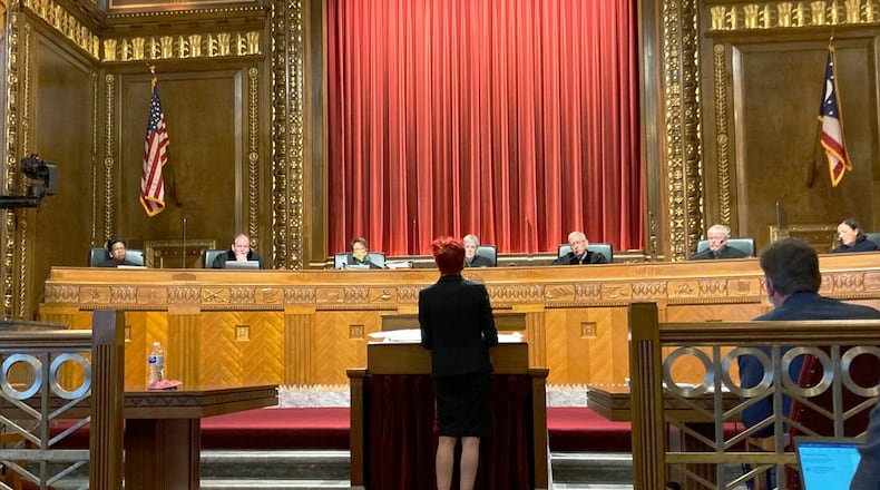 FILE—Freda Levenson, ACLU of Ohio legal director, appears before the Ohio Supreme Court in Columbus, Ohio, during oral arguments in a constitutional challenge to new legislative district maps in this file photo from Dec. 8, 2021.  Democrats bolstered by a high court victory earlier this month appeared to be digging in their heels Saturday, Jan. 22, 2022, against another round of gerrymandered legislative maps in Ohio. The state's bipartisan Ohio Redistricting Commission repeatedly recessed for long stretches ahead of a midnight deadline set by its members to hash out a compromise that satisfies members of both parties. (AP Photo/Julie Carr Smyth, File)