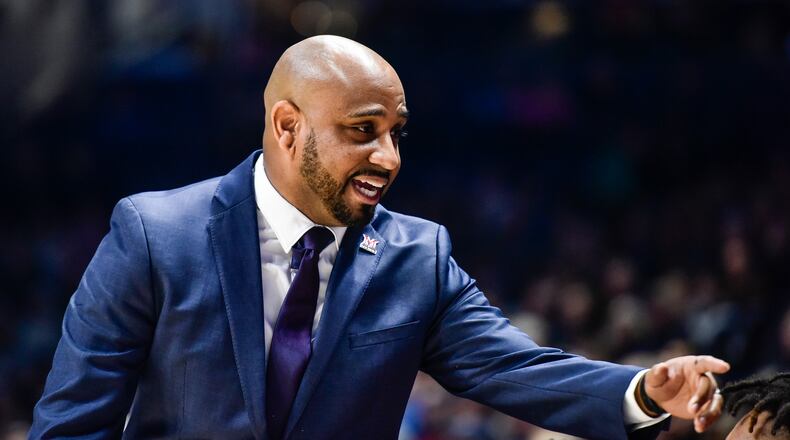 Miami’s head men’s basketball coach Jack Owens talks to his team during their basketball game against Xavier Wednesday, Nov. 28, 2018, at Xavier’s Cintas Center in Cincinnati. NICK GRAHAM/STAFF