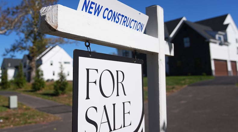 FILE - A sign is posted for a new home for sale in Ambler, Pa., Oct. 16, 2025. (AP Photo/Matt Rourke, File)