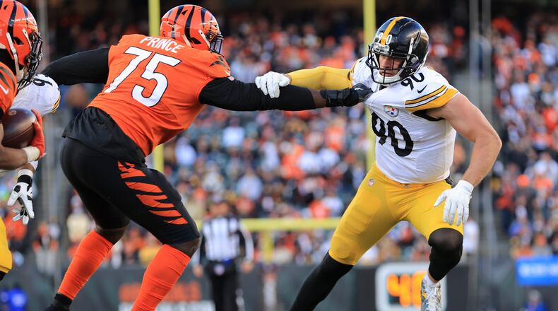 Pittsburgh Steelers outside linebacker T.J. Watt (90) battles Cincinnati Bengals offensive tackle Isaiah Prince (75) as he tries to rush the passer during the second half of an NFL football game, Sunday, Nov. 28, 2021, in Cincinnati. (AP Photo/Aaron Doster)