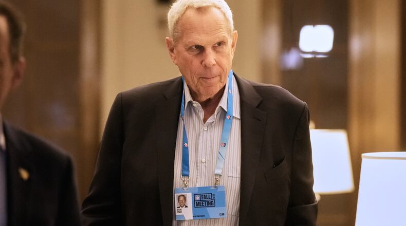 FILE - New York Giants co-owner Steve Tisch arrives for NFL owners meetings, in New York, Wednesday, Oct. 22, 2025. (AP Photo/Richard Drew, File)