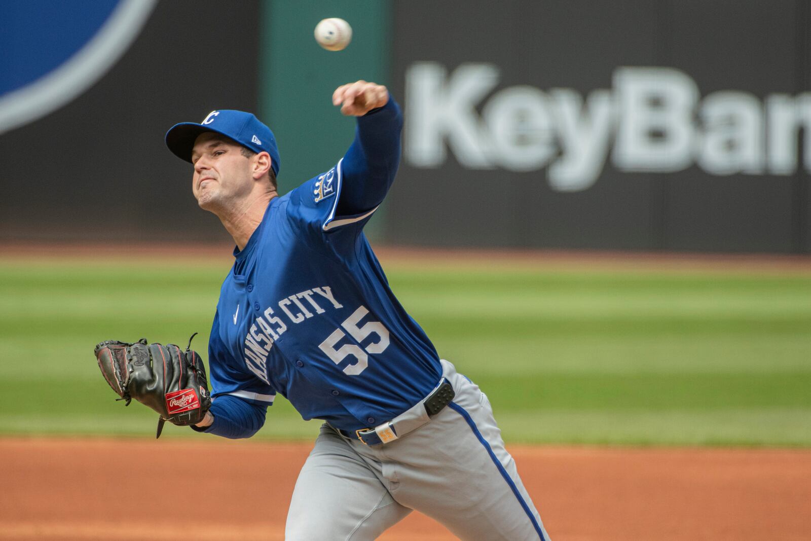 Kansas City Royals starting pitcher Cole Ragans delivers against the Cleveland Guardians during the first inning of a baseball game in Cleveland, Sunday, April 13, 2025. (AP Photo/Phil Long)
