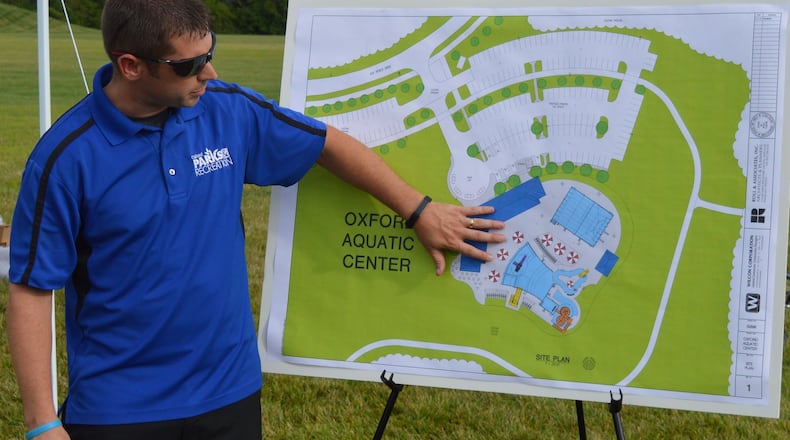 Oxford Director of Parks and Recreation Casey Wooddell describes what will be included in the city s new aquatic center at a groundbreaking ceremony Aug. 7.