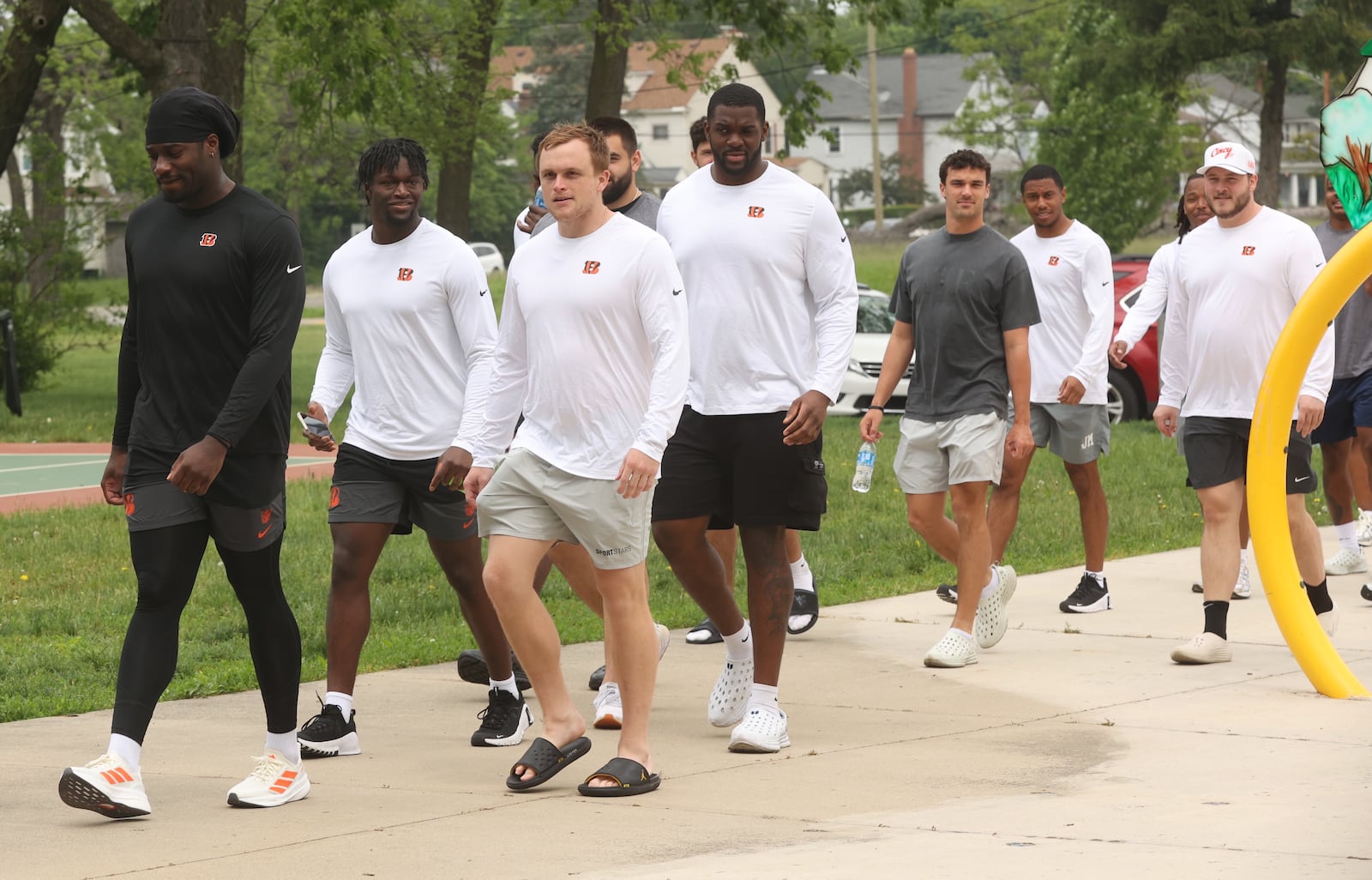 Bengals rookies, including Shemar Stewart, far left, appear at an NFL Flag In-School event at the Dayton Early College Academy PREP on Friday, May 16, 2025, in Dayton. David Jablonski/Staff