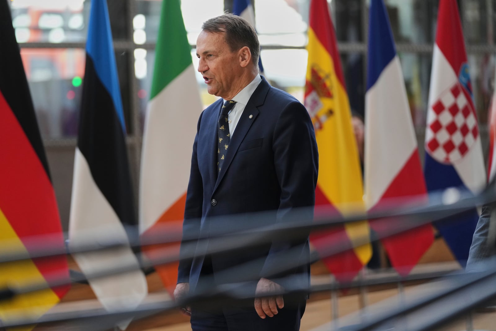 Poland's Foreign Minister Radoslaw Sikorski arrives for a meeting of EU foreign ministers at the European Council building in Brussels, Belgium, Tuesday, May 20, 2025. (AP Photo/Virginia Mayo)