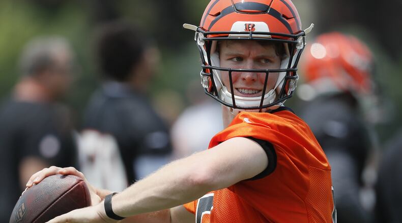 Cincinnati Bengals quarterback Ryan Finley participates in practice at the team’s NFL football training facility, Tuesday, June 4, 2019, in Cincinnati. (AP Photo/John Minchillo)