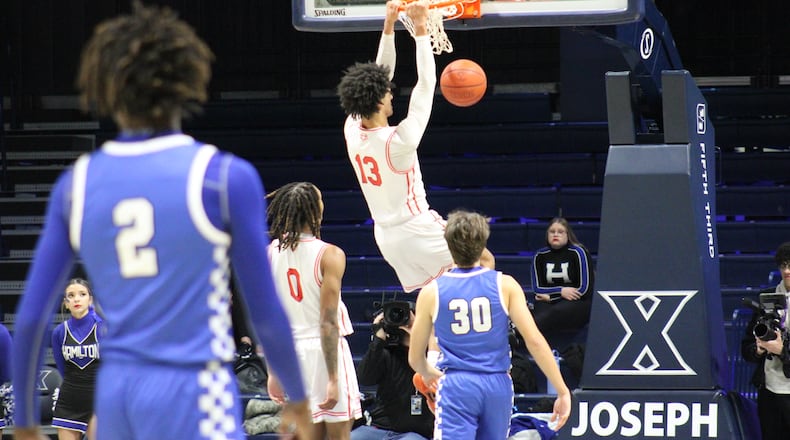 Lakota West’s Roman Combs slams one home against Hamilton on Monday, Jan. 20, 2026 at the Martin Luther King Classic at Xavier University’s Cintas Center. DIMITRIJE FISIC / CONTRIBUTED