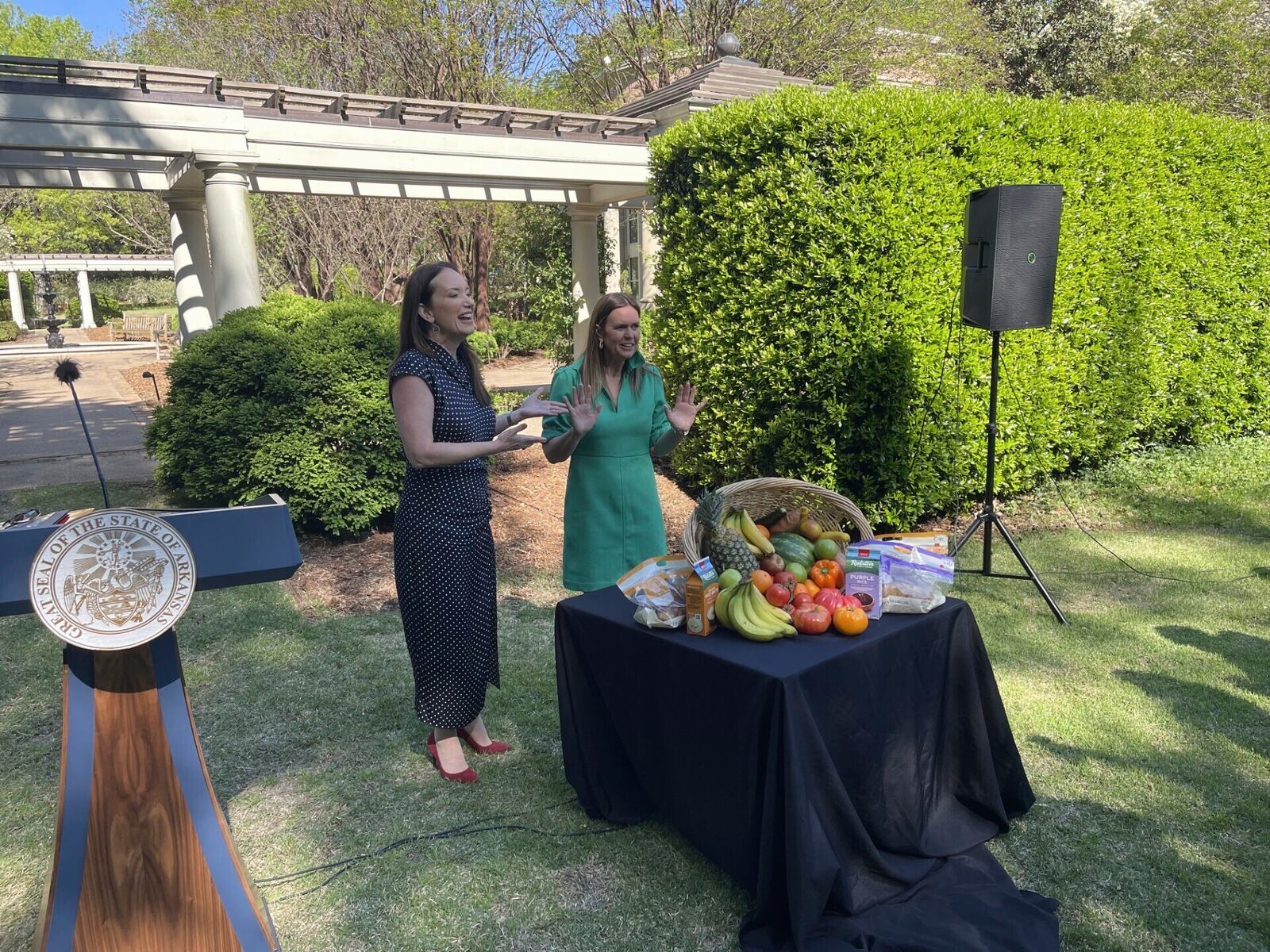 United States Agriculture Secretary Brooke Rollins, left, and Arkansas Gov. Sarah Huckabee Sanders speak outside the Governor's Mansion in Little Rock, Ark., Tuesday, April 15, 2025. Arkansas on Tuesday requested to ban Supplemental Nutrition Assistance Program, or SNAP, from being used to purchase junk food or soda. (AP Photo/Andrew DeMillo)
