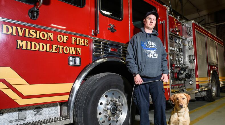 The Middletown Fire Department now has a dog trained to sniff out accelerants. The Labrador retriever mix from the Animal Friends Humane Society is named Scottie. Firefighter Chris Klug is Scottie’s handler. NICK GRAHAM/STAFF