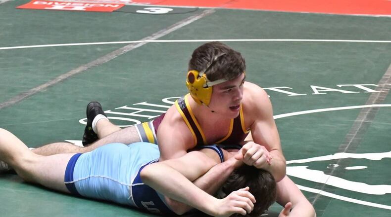 Sean Beltran of Ross controls his bout at 145 pounds in Sunday’s state team duals at St. John Arena. Greg Billing/CONTRIBUTED