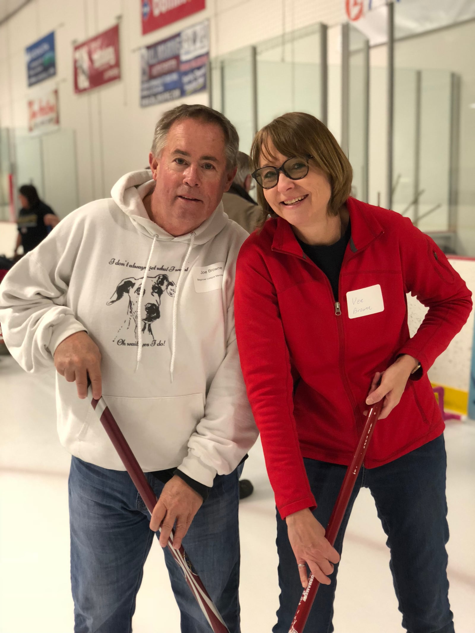 Joe Browne (Left) with his wife Vee curling together. The couple, both engineers, met after college and married in 1989. They raised two children together and settled in Vandalia 25 years ago. CONTRIBUTED
