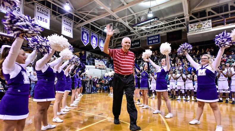 Jerry Lucas was one of many former Middie basketball players honored before the final game on Jerry Lucas Court at Wade E. Miller Gymnasium as Middletown Middies hosted Hamilton Big Blue at Middletown Middle School Friday, Dec. 8 in Middletown. NICK GRAHAM/STAFF