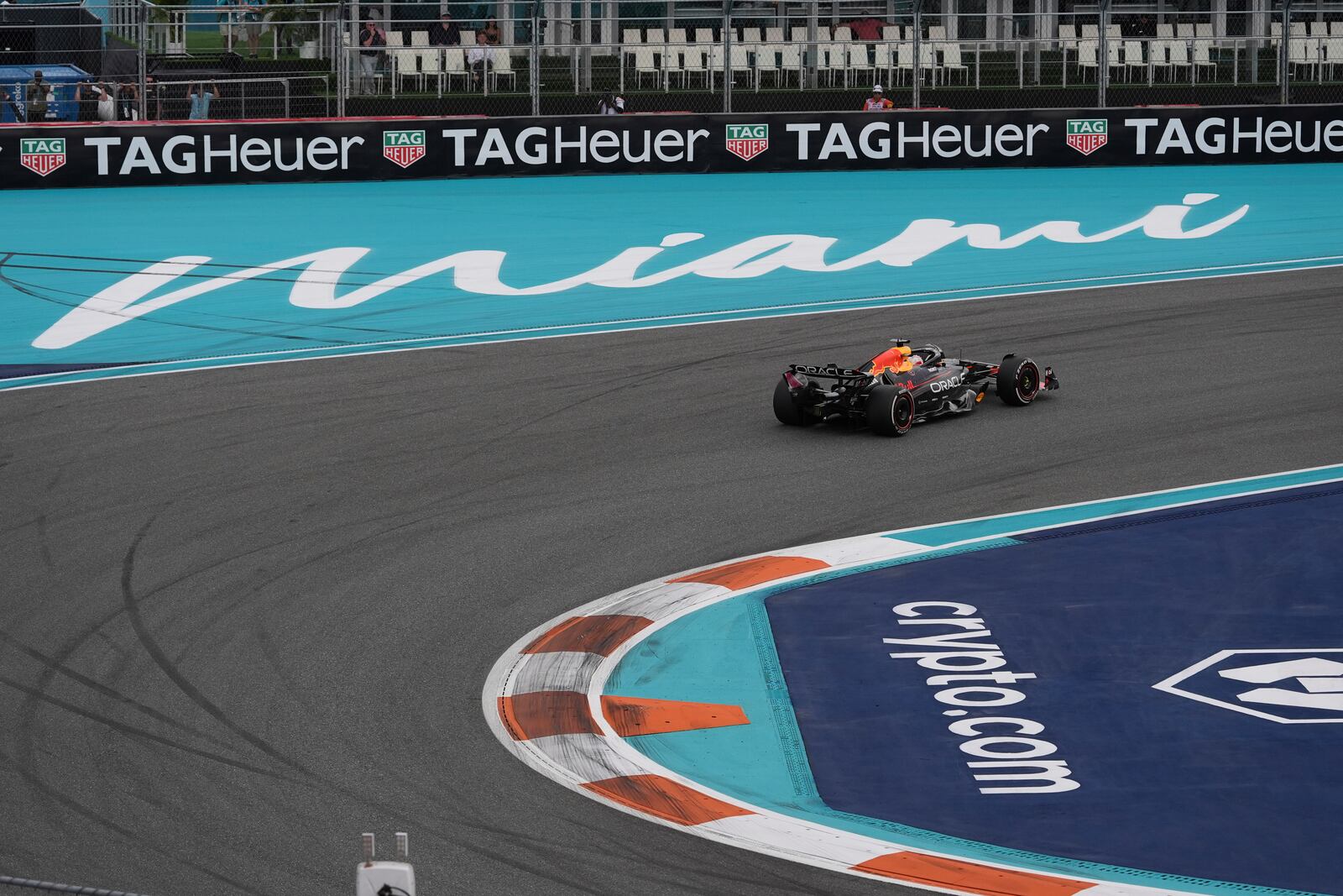 Red Bull driver Max Verstappen of the Netherlands makes a turn during the Formula One Miami Grand Prix auto race Sunday, May 4, 2025, in Miami Gardens. Fla. (AP Photo/Rebecca Blackwell)