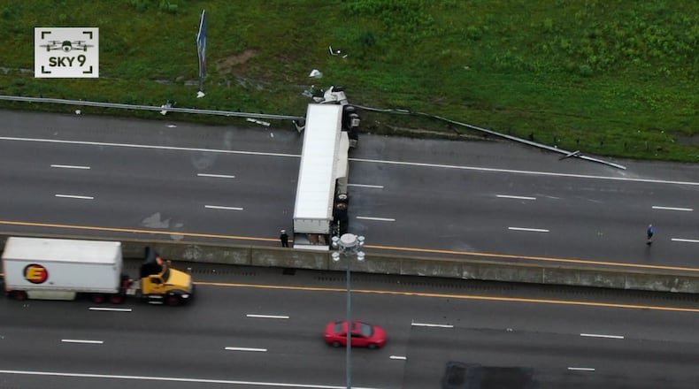 An overturned semi closed southbound Interstate 75 on June 3, 2021. Dwayne Slavey / WCPO-TV