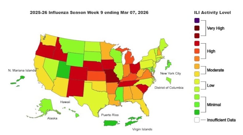 This is the weekly Outpatient Respiratory Illness Activity map from the CDC, for the week ending Mar. 7, 2026.