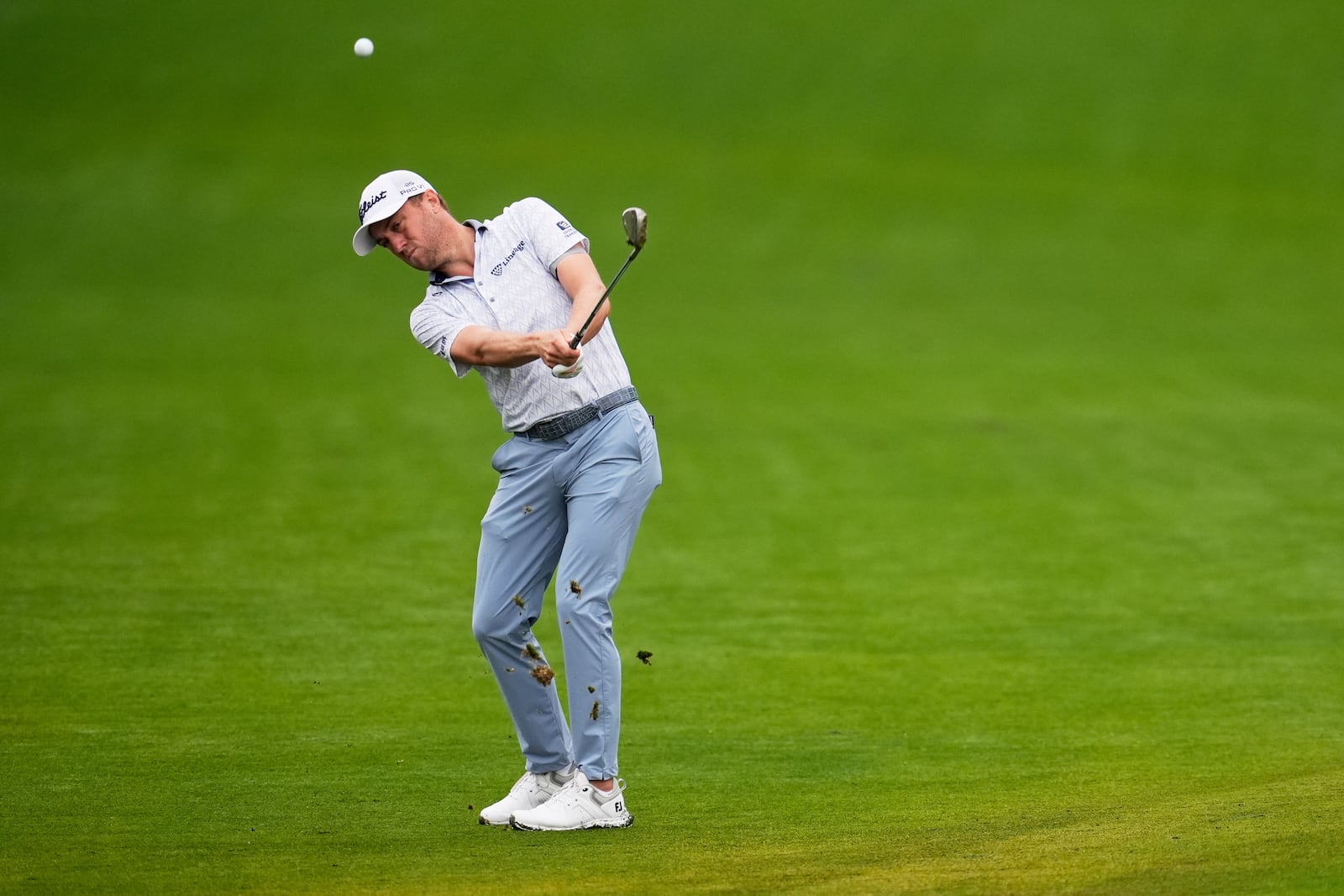 Justin Thomas hits from the fairway on the 10th hole during the second round of the PGA Championship golf tournament at the Quail Hollow Club, Friday, May 16, 2025, in Charlotte, N.C. (AP Photo/George Walker IV)